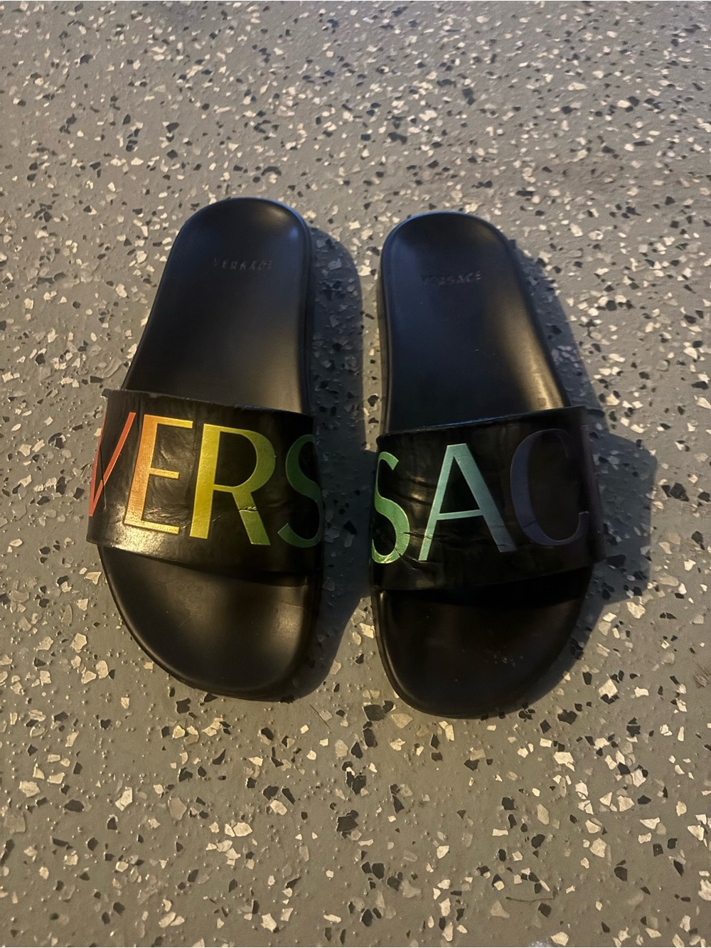 Versace Black Slides with Rainbow Logo